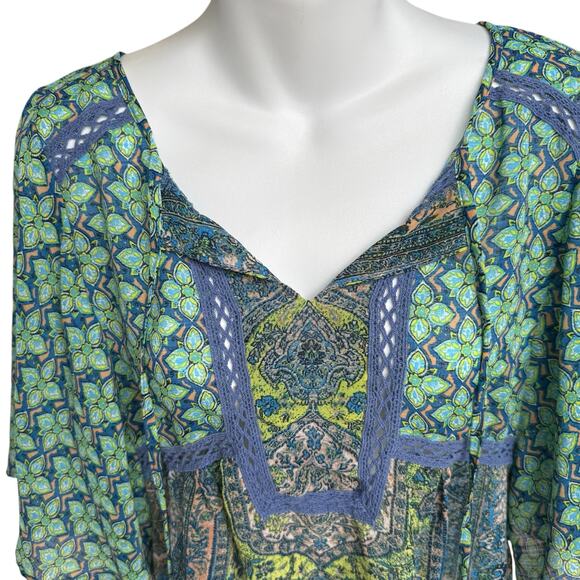 Fig & Flower Anthropologie Boho Top Womens Medium Green Blue Tunic Hippie Blouse - Picture 8 of 11